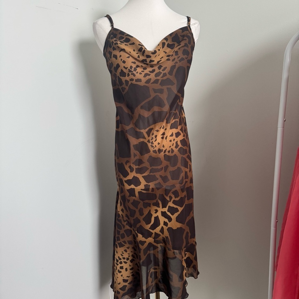 Y2K Leopard Slip Dress – Cowl Neck • Sheer Midi • 90s Vintage Vibes - Picture 4 of 5